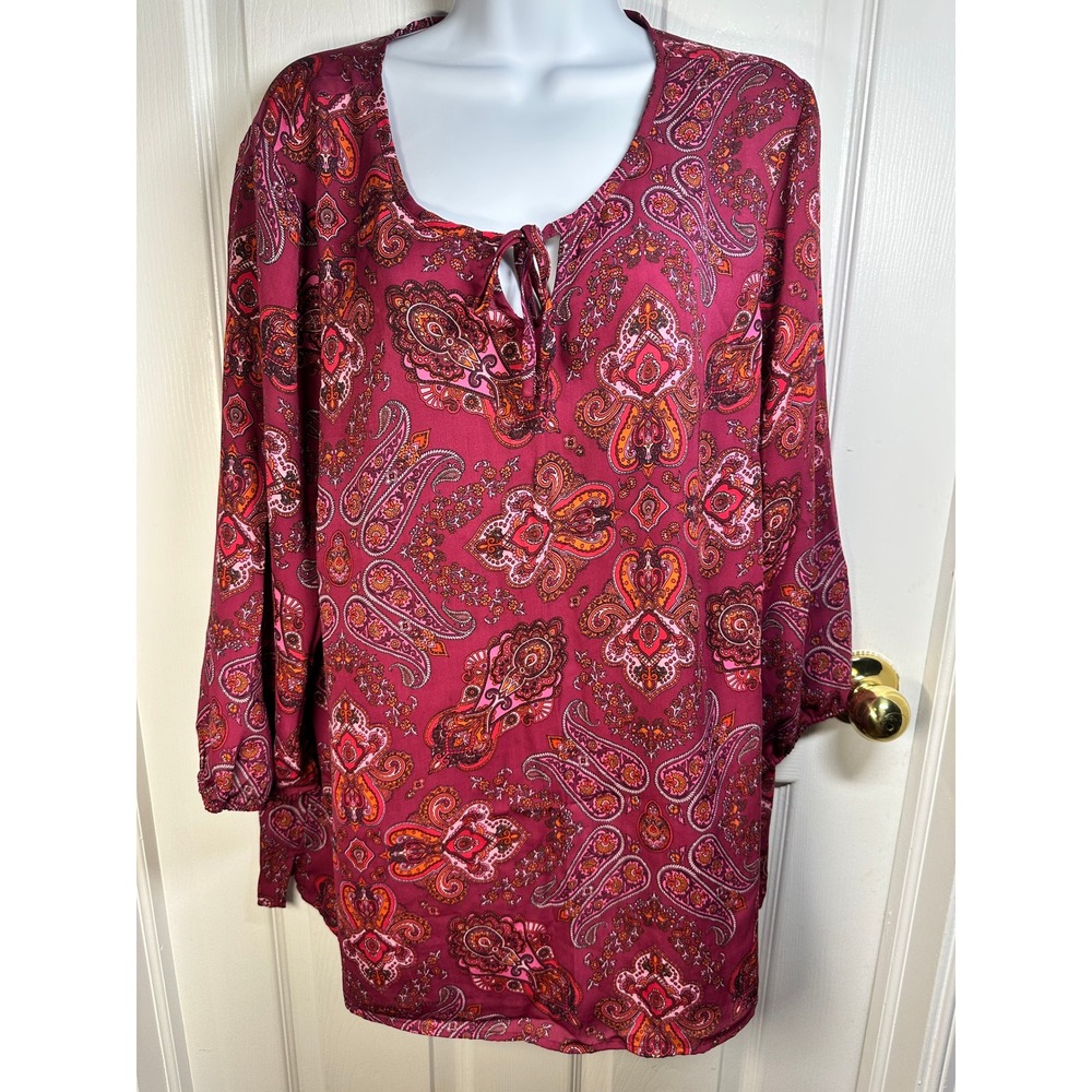 Liz Claiborne Paisley Women's Blouse Tie Neck Long Sleeve Tunic‎ Top Red L